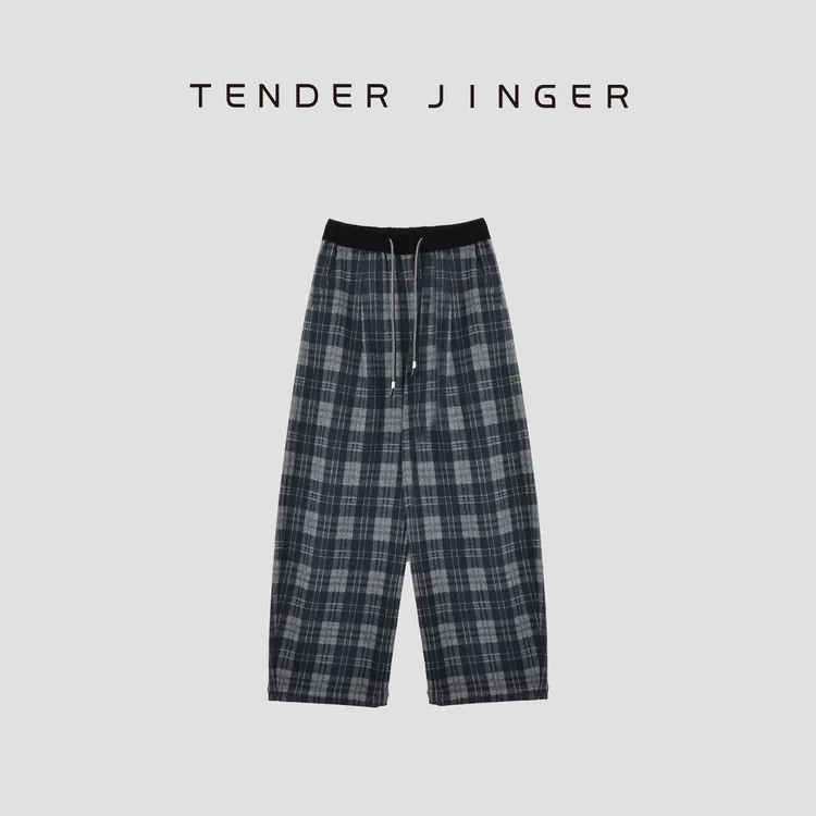 Tender Jinger｜线下专供 加绒松紧腰方格抽绳弯刀裤T54SAI50225