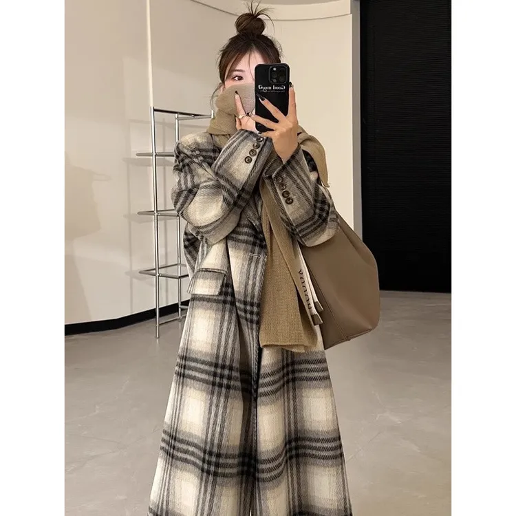 羽绒服内胆羊绒毛呢大衣女中长款冬季新款韩版新品感格子外套