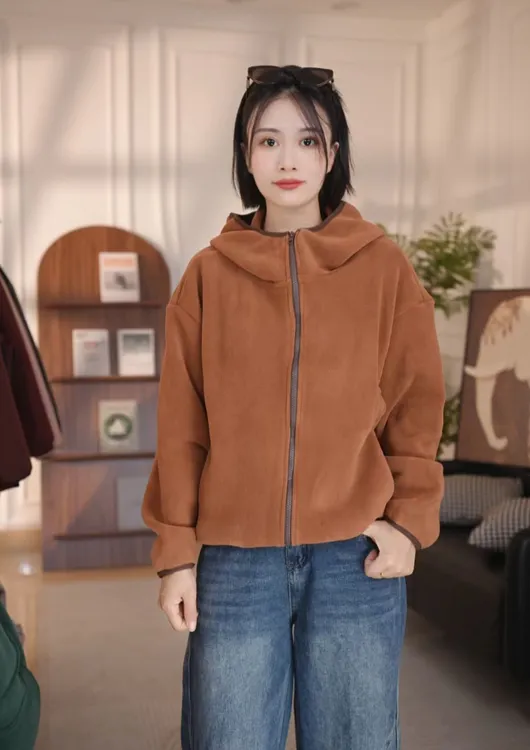 洋气撞色奥利绒外套连帽开衫卫衣女2025冬季新款上衣休闲外套