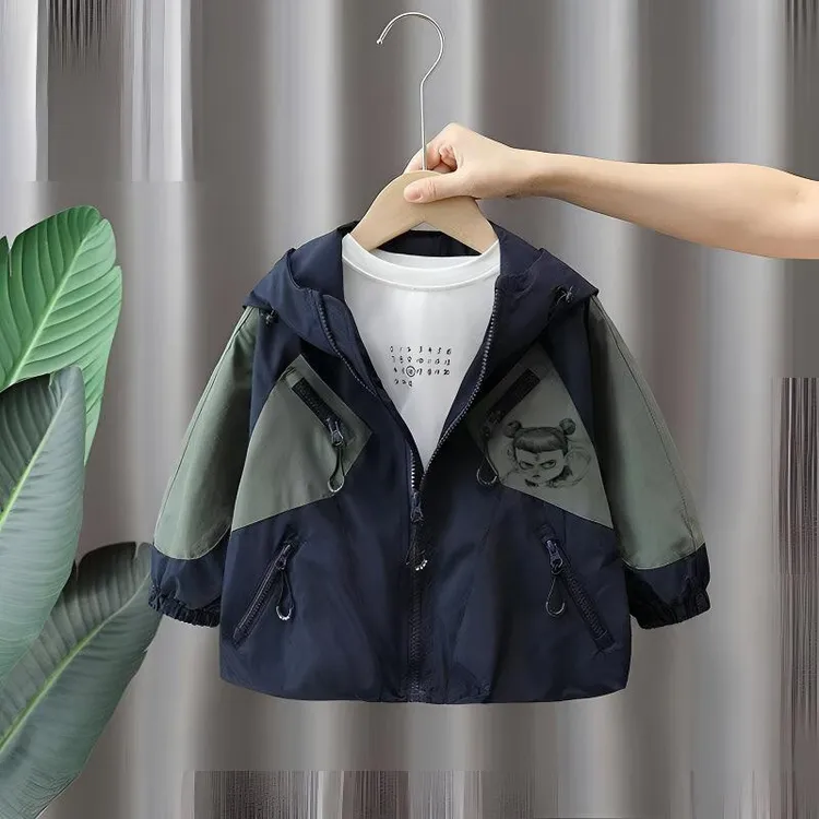 哪吒衣服男童秋款外套2025新款帅气连帽冲锋衣儿童春秋拼色风衣潮