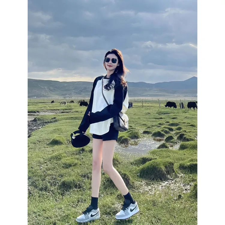 美式黑白撞色长袖t恤女2025春秋新款插肩袖宽松纯棉中长款上衣潮