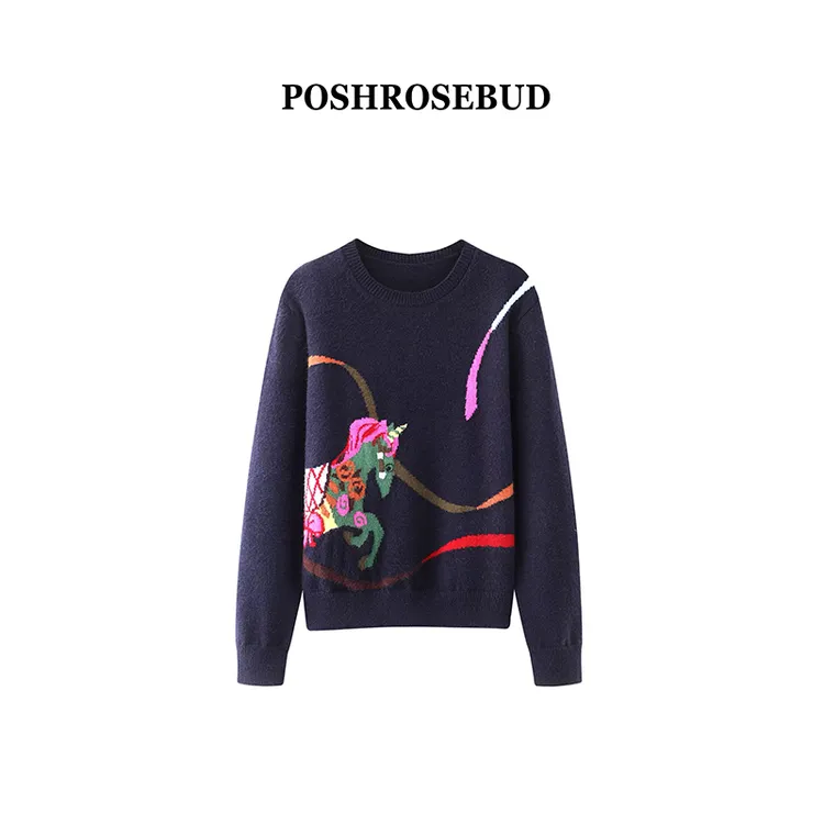 【POSHROSEBUD】法式时尚小马图案圆领羊毛毛衣打底毛衣RJ5067