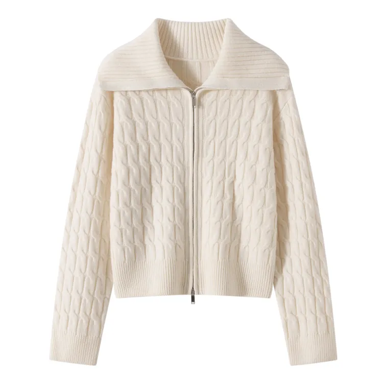 自留款~100%羊毛加厚扭花翻领双拉链针织开衫DY775慵懒风毛衣外套