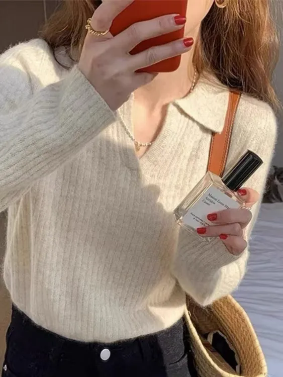 polo领针织衫女秋冬高级感软糯v领毛衣洋气内搭打底衫长袖上衣潮