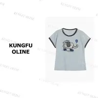 【小妖】T2204小象卡通拼色圆领短袖T恤百搭休闲上衣女