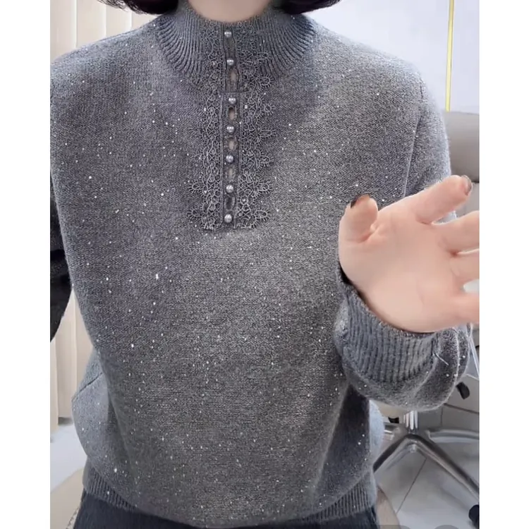 秋冬女士套头蕾丝钉珠亮片时尚洋气百搭显瘦打底保暖毛针织衫