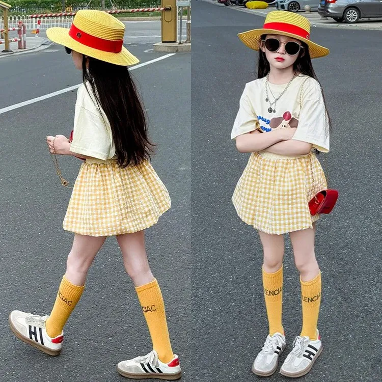 女童2025夏新款儿童韩系卡通刺绣短袖T恤女童洋气格子半身裙套装