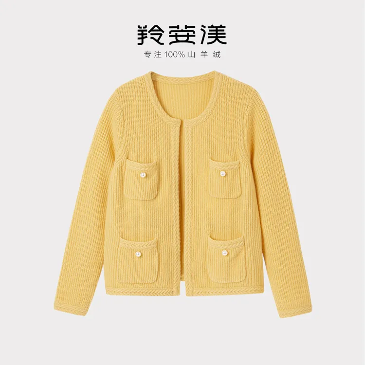 100纯羊绒开衫女圆领口袋气质显瘦针织开衫百搭加厚休闲毛衣外套