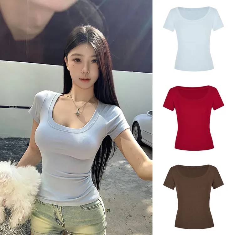 Moses Queen/魔西女王大U领正肩短袖T恤修身基础款辣妹短款上衣女
