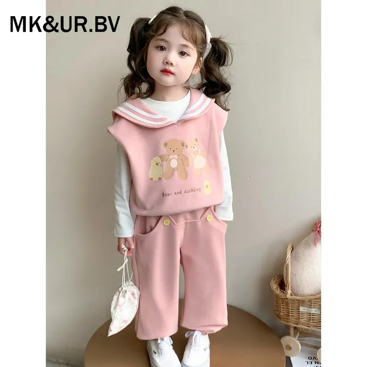 MK&UR.BV女童秋装2025新款洋气时髦可爱儿童海军领卡通套装三件套