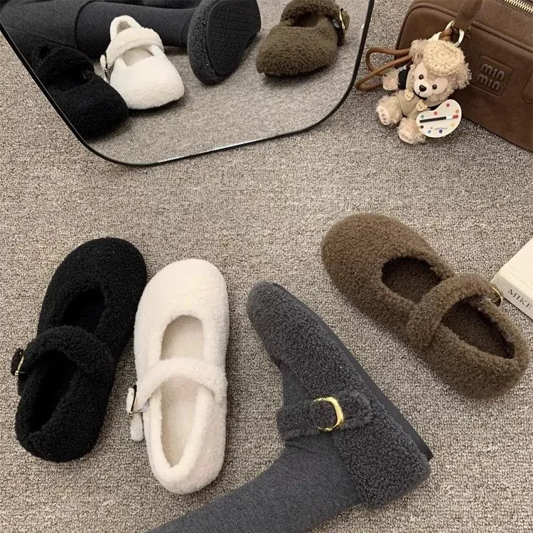 2025秋冬新款复古玛丽珍鞋女平底魔术贴一字带防滑保暖软底毛毛鞋