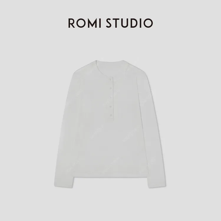 ROMI STUDIO“松弛休闲”100%棉经典亨利领宽松长袖T恤RW25SSG0145