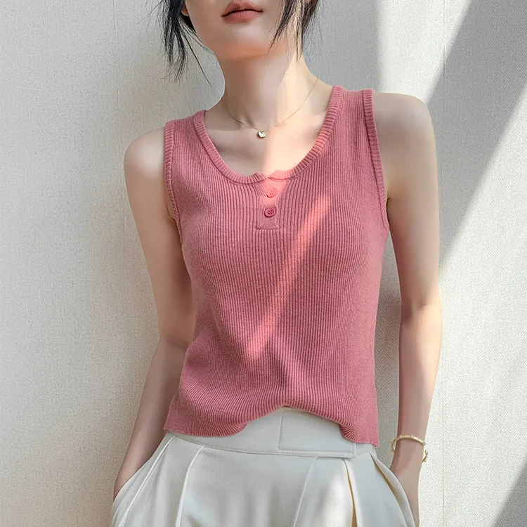 歌倍尚圆领无袖针织背心女夏粉色内搭圆领遮副乳显年轻青春上衣