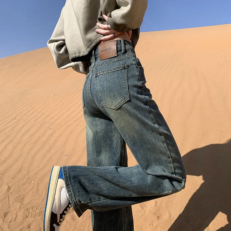 加绒窄版牛仔裤女高腰显瘦弹力直筒2025春秋新款百搭休闲阔腿裤子