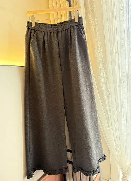 2025秋冬新款呢子木耳花边阔腿裤女生日系百搭休闲长裤