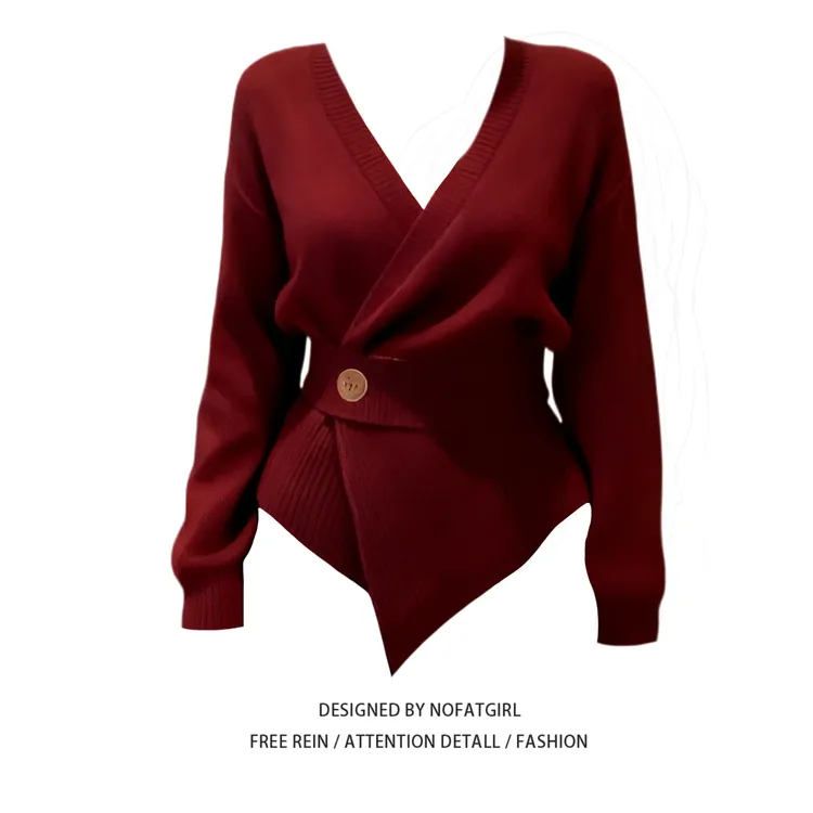 大码胖MM复古酒红色V领掐腰针织衫女秋冬季新款长袖显白毛衣上衣