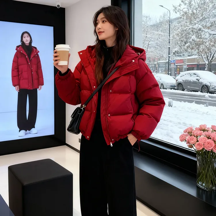 深冬气质一整套穿搭红色连帽短款棉服加绒加厚阔腿裤两件套女
