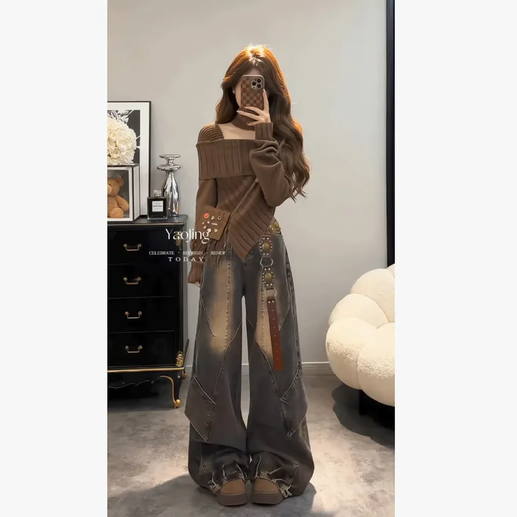 秋冬时尚一整套女2025新款法式废土风修身显瘦上衣牛仔裤两件套