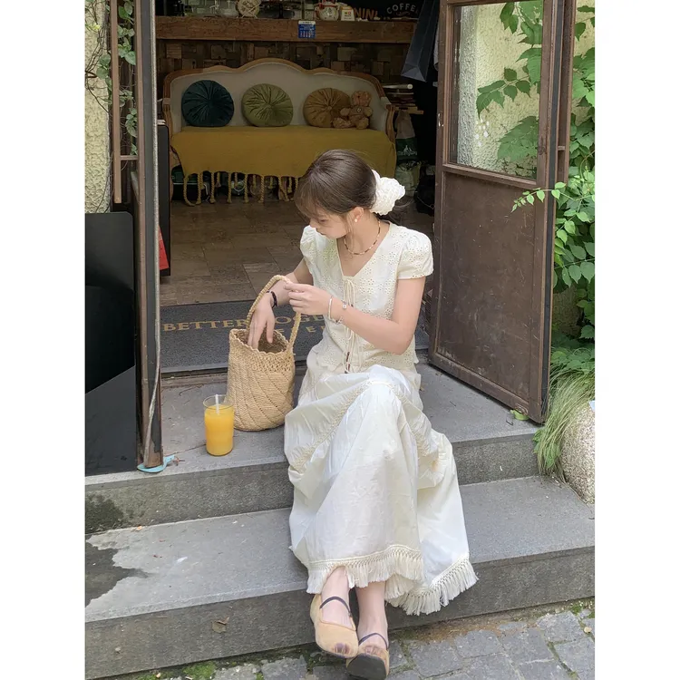 切糕自制【离岸少女】小个子夏季气质慵懒感上衣高腰半身裙刺绣套装