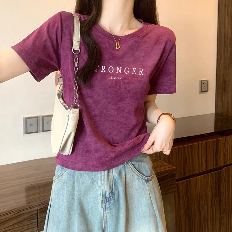 正肩漂亮扎染设计感小众洋气纯棉上衣短款短袖t恤女2025新款夏季
