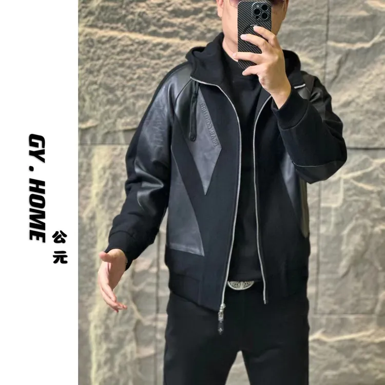 88778【公元·名品】轻奢欧货男士秋冬高定羊毛连帽拼皮痞帅休闲夹克