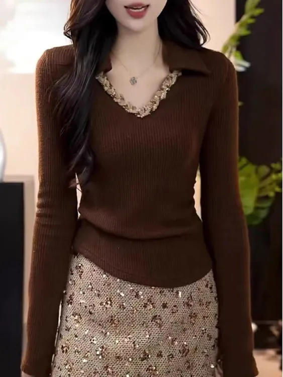 法式气质花边拼接V领软糯针织毛衣女冬洋气显瘦超好看超漂亮～