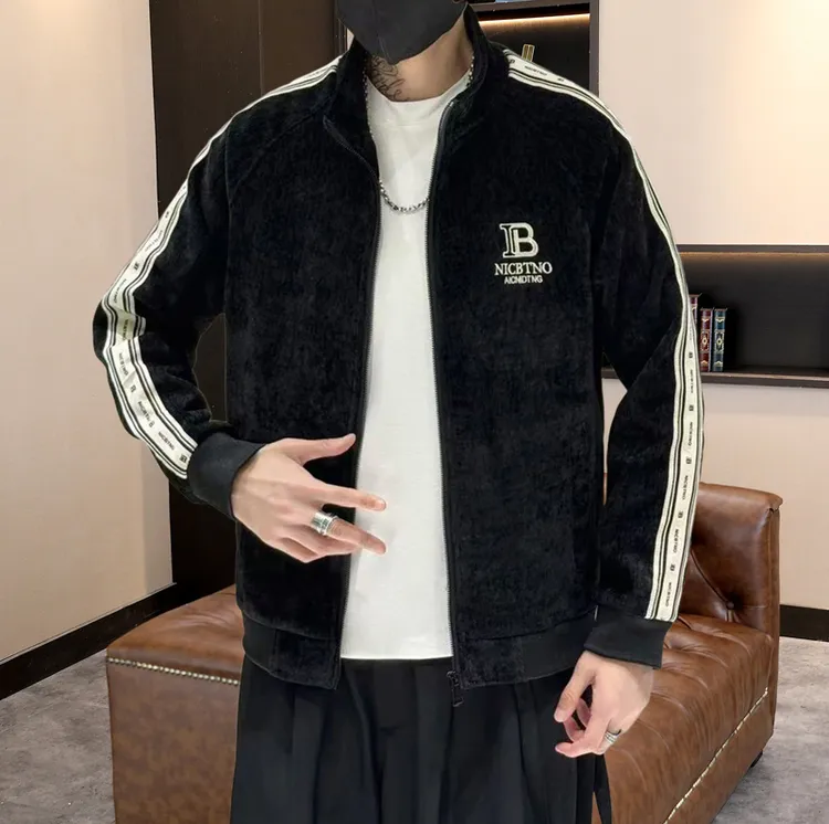 轻奢条纹拼接立领夹克男士外套秋冬新款时尚百搭潮流男休闲上衣