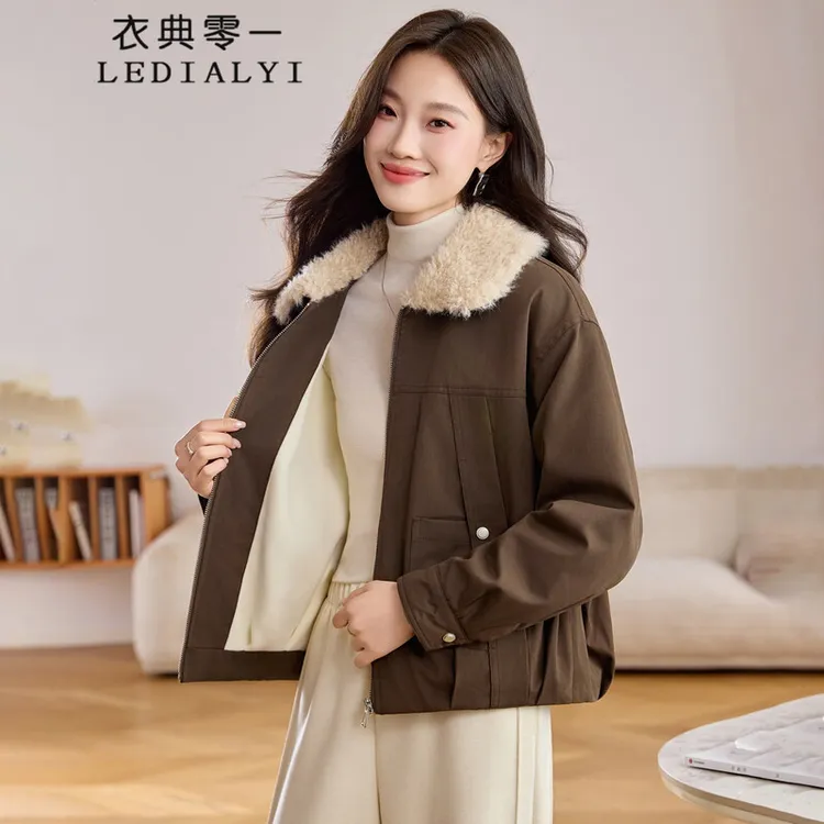 时尚羊羔毛翻领派克服短外套女2025秋冬新款加绒加厚保暖夹克上衣