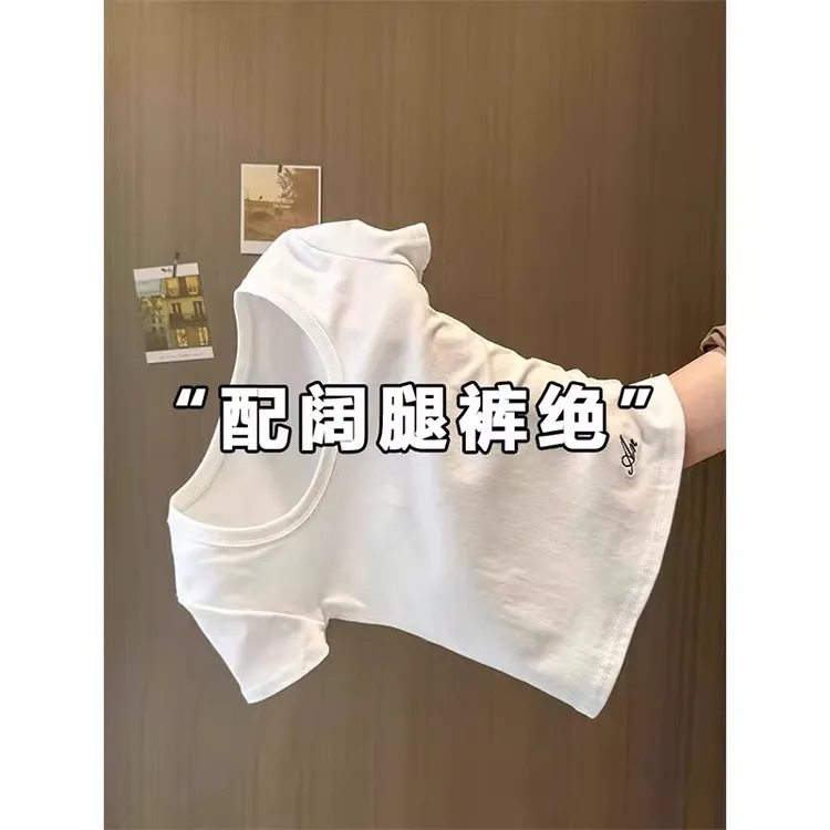 白色U领正肩短袖T恤女装2025夏季流行单品韩系chic短款大领口上衣