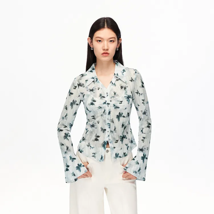 Vero Moda衬衫【蝶翼薄纱】压褶印花喇叭袖百搭流光风325302004