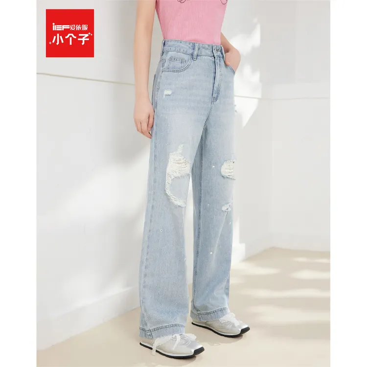 IEF/爱依服裤子2025夏季新款美式休闲破洞设计宽松百搭牛仔直筒裤