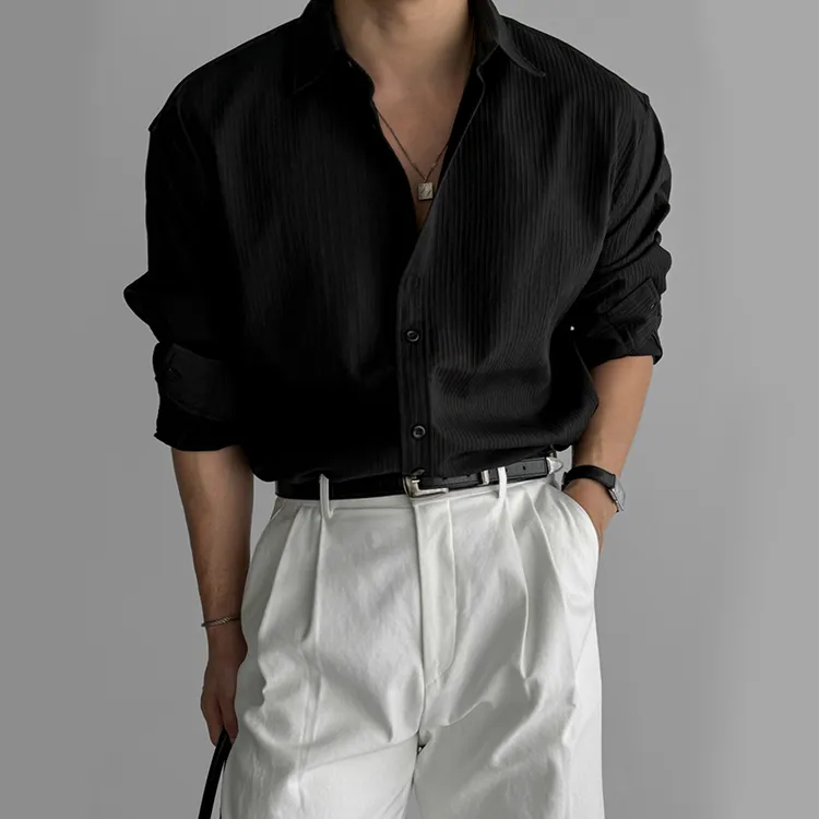 SUNEE「肌理感」黑色衬衫男长袖春季宽松衬衣韩系小众设计休闲