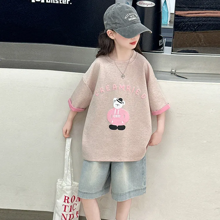 女童套装夏季2025新款洋气中大童短袖T恤牛仔中裤两件套6-12岁潮