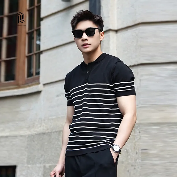 『定格惬意 冰感纤维』黑白条纹定织冰爽丝休闲风男士短袖针织T恤
