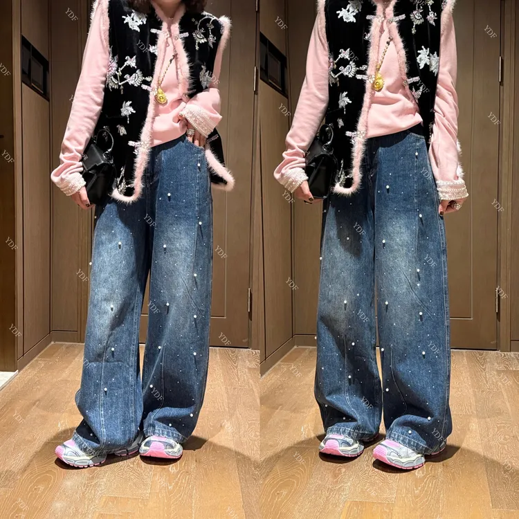 YDFSTUDIO小众【璀璨裤型】欧货高品重工钉珠烫钻设计直筒牛仔裤