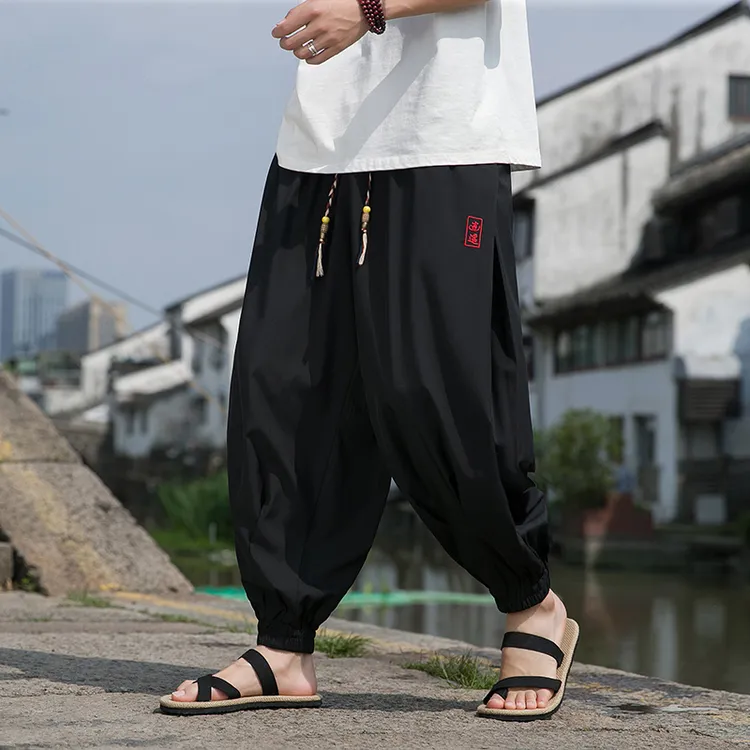 新中式冰丝裤子男士夏季薄款中国风哈伦裤休闲百搭宽松大码阔腿裤
