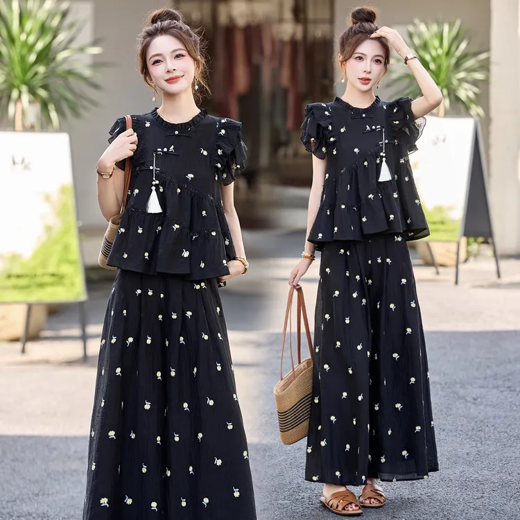 新中式国风刺绣网纱套装女2025年夏季新款高级感休闲阔腿裤两件套