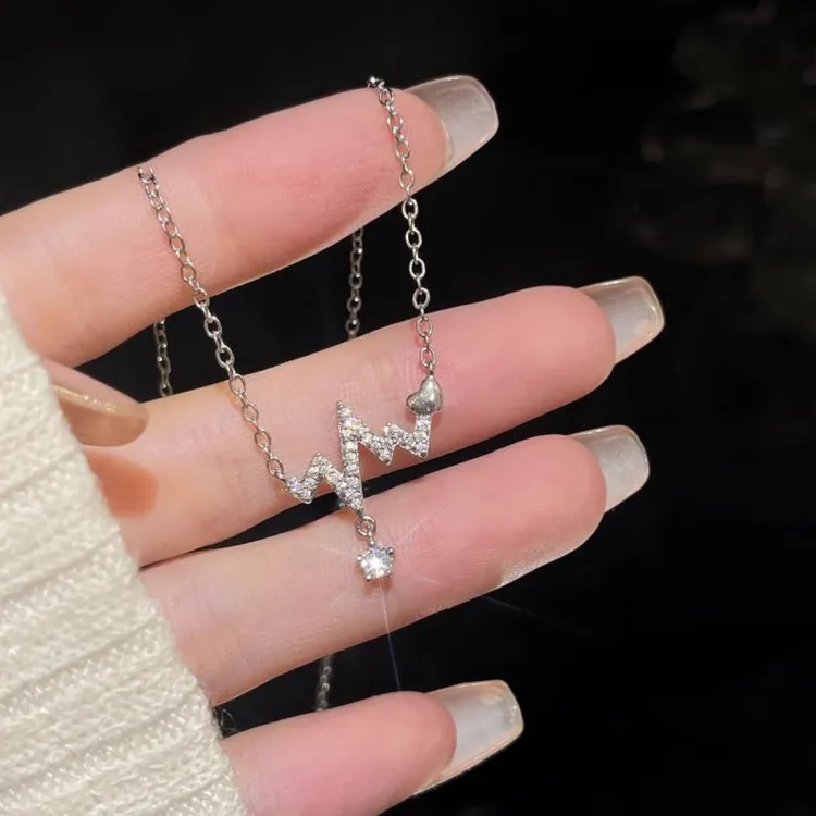 吊坠925银玻璃925心电图莫桑项链网红潮流百搭ins风简约跳动的心