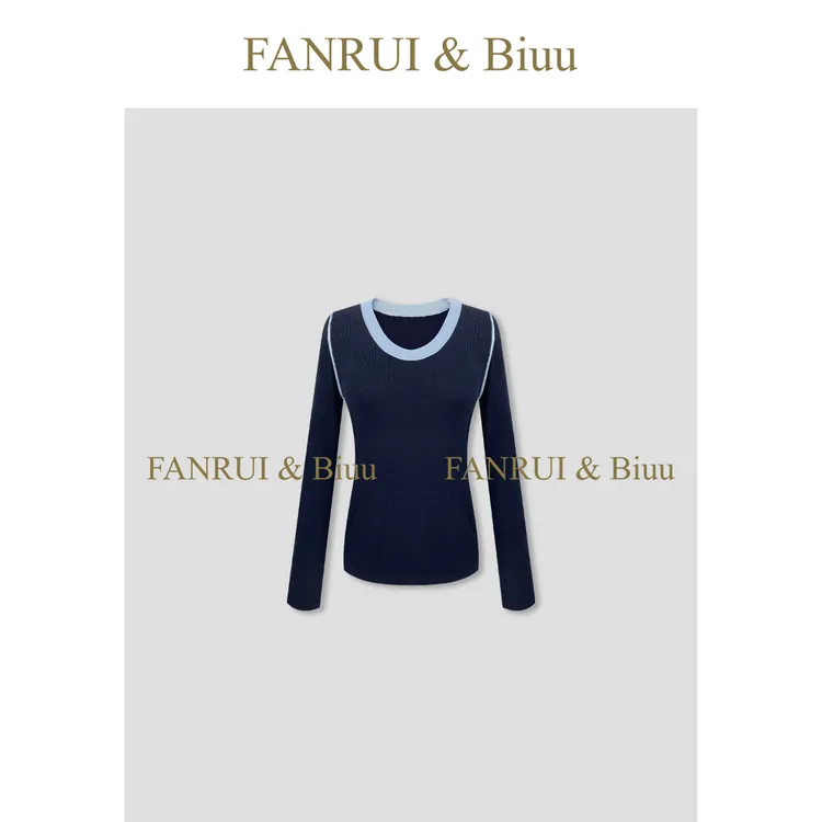 双11专属「贝贝biuu」羊毛混纺拼色线条洋气显瘦针织衫女B17742