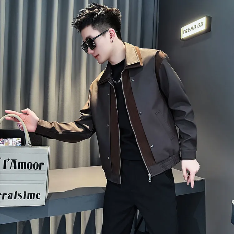 拼接撞色皮衣外套男士秋冬季设计感男装上衣2025新款痞帅休闲夹克