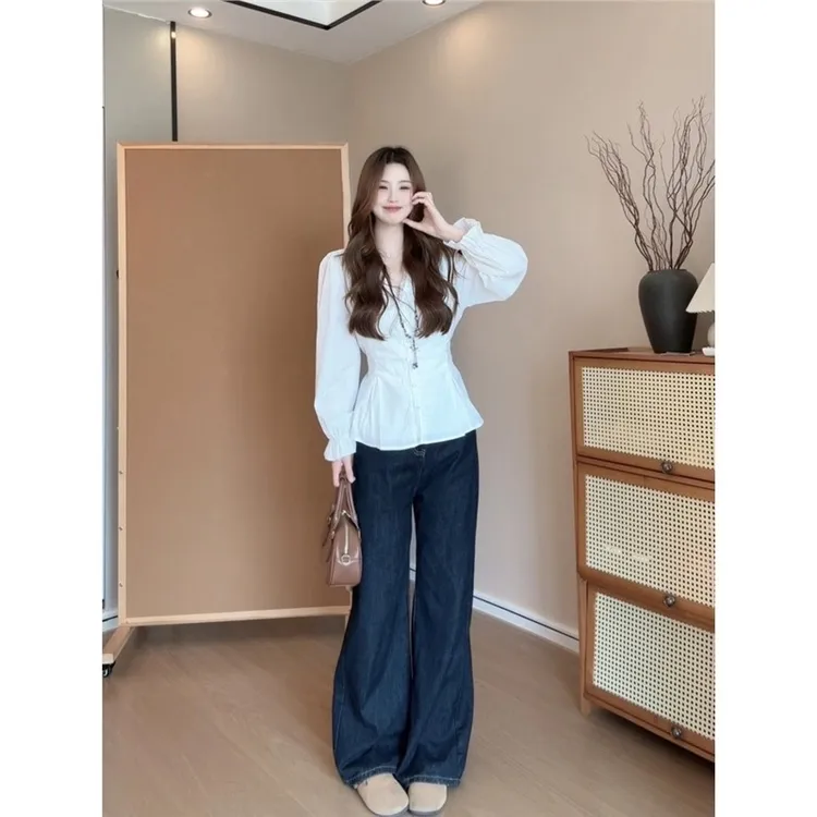 大码胖MM法式蕾丝长袖衬衫女装2025新款秋季薄款小衫遮肉显瘦上衣