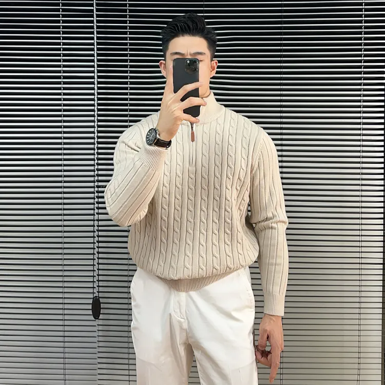 厚款修身型微宽松型毛衣男高领男士百搭拉链领潮流提花针织衫男装