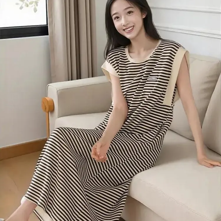 睡衣无袖条纹带胸垫高级夏季新款睡裙可外穿女简约夏季背心家居服