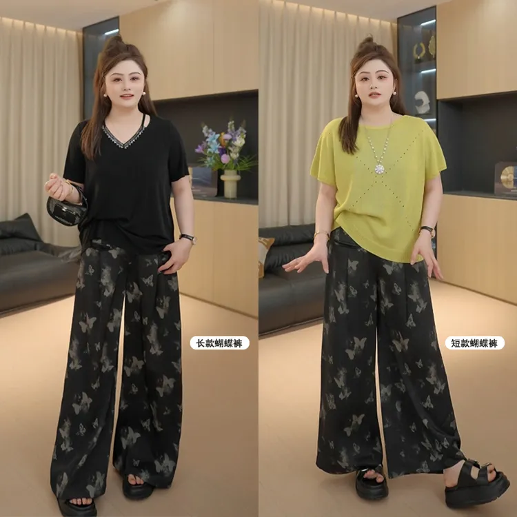 【胖佳佳】现货~蝴蝶裤 雪纺印花阔腿裤夏季气质休闲长裤H625Z05935