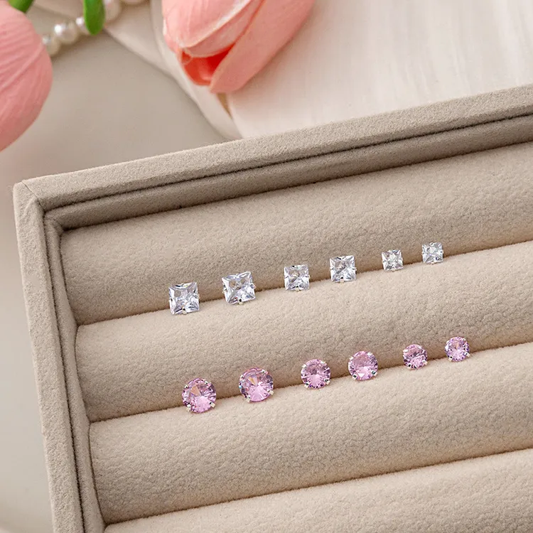 锌合金锆石耳饰 小众简约方圆形超闪锆石耳钉精致小巧设计感耳饰