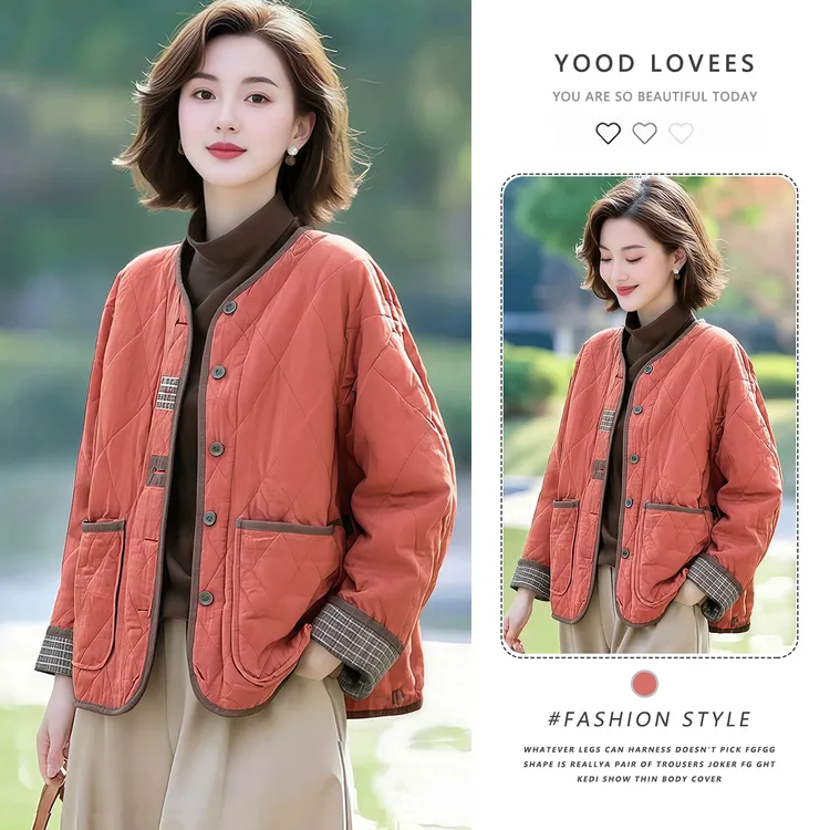 2025冬季新款时尚洋气复古圆领轻薄显瘦夹棉短外套女撞色拼接上衣