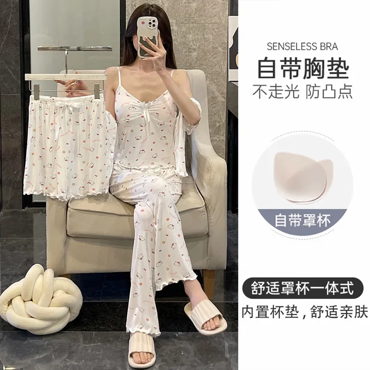 吊带睡衣女夏季短袖四件套装网红风带胸垫大码可爱kt猫凉感家居服