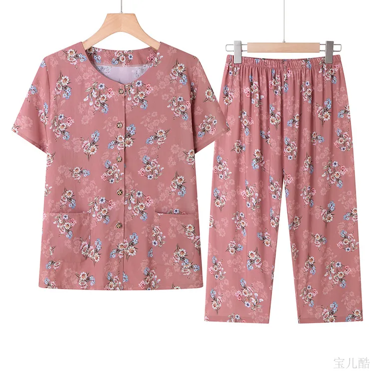 棉绸夏季短袖高档洋气套装妈妈开衫外穿人造棉睡衣两件套女装上衣