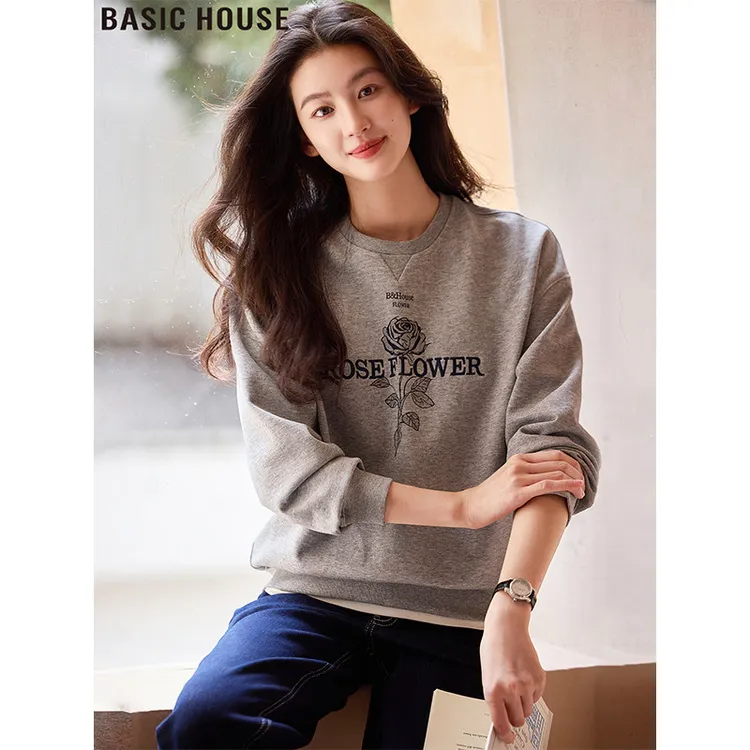 Basic House/百家好灰色圆领卫衣美式刺绣宽松显瘦上衣女2026春季