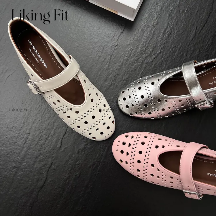 Liking Fit/羊皮/4cm圆头浅口平底玛丽珍鞋镂空中跟豆豆鞋凉鞋女